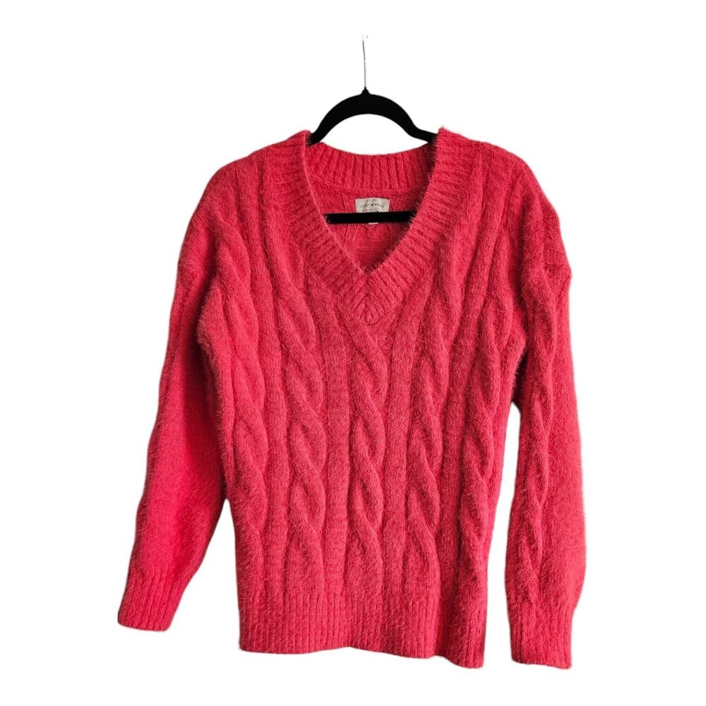 Lucky Brand Women SZ S/P Sweater Fuzzy Cable Knit Eyelash V-Neck Pullover Pink